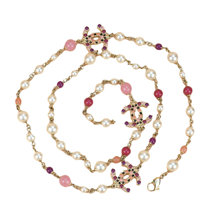 Chanel CC Log Long Pearl Necklace in Gilt Gold