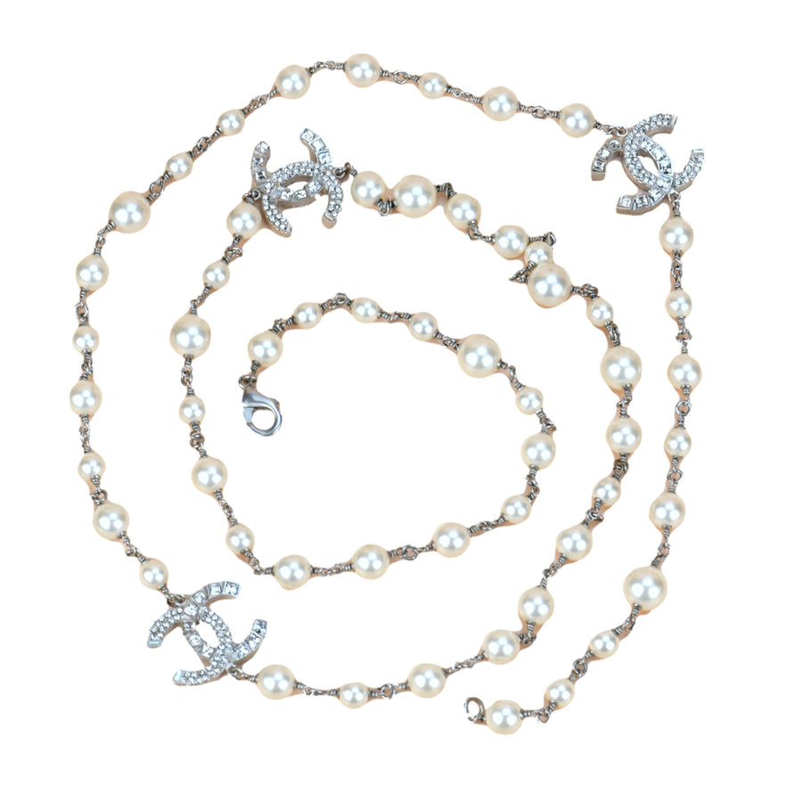 Chanel Pearl Sautoir Necklace with Three Big CC Logos