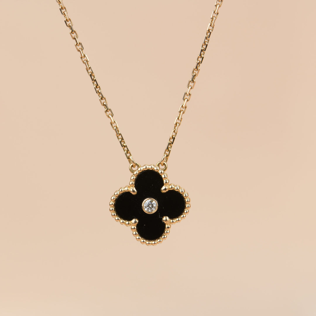 Van Cleef Alhambra 2016 Holiday Diamond Onyx Pendant Necklace