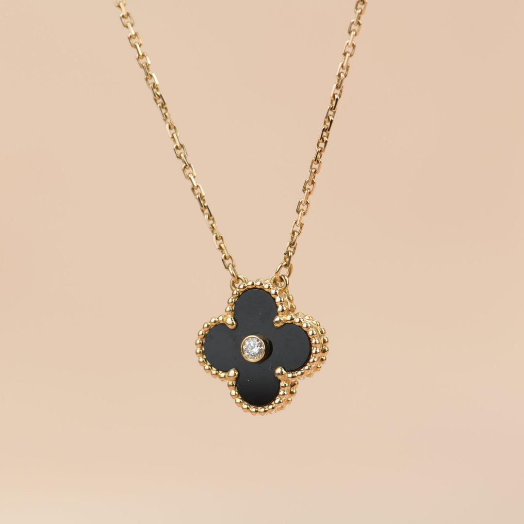 Van Cleef Alhambra 2016 Holiday Diamond Onyx Pendant Necklace