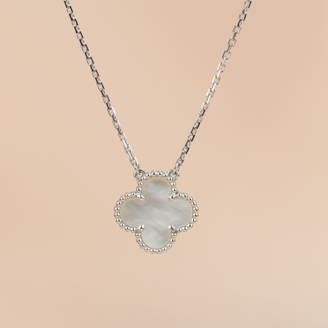 Van Cleef & Arpels Vintage Alhambra White Gold Mother of Pearl Pendant Necklace