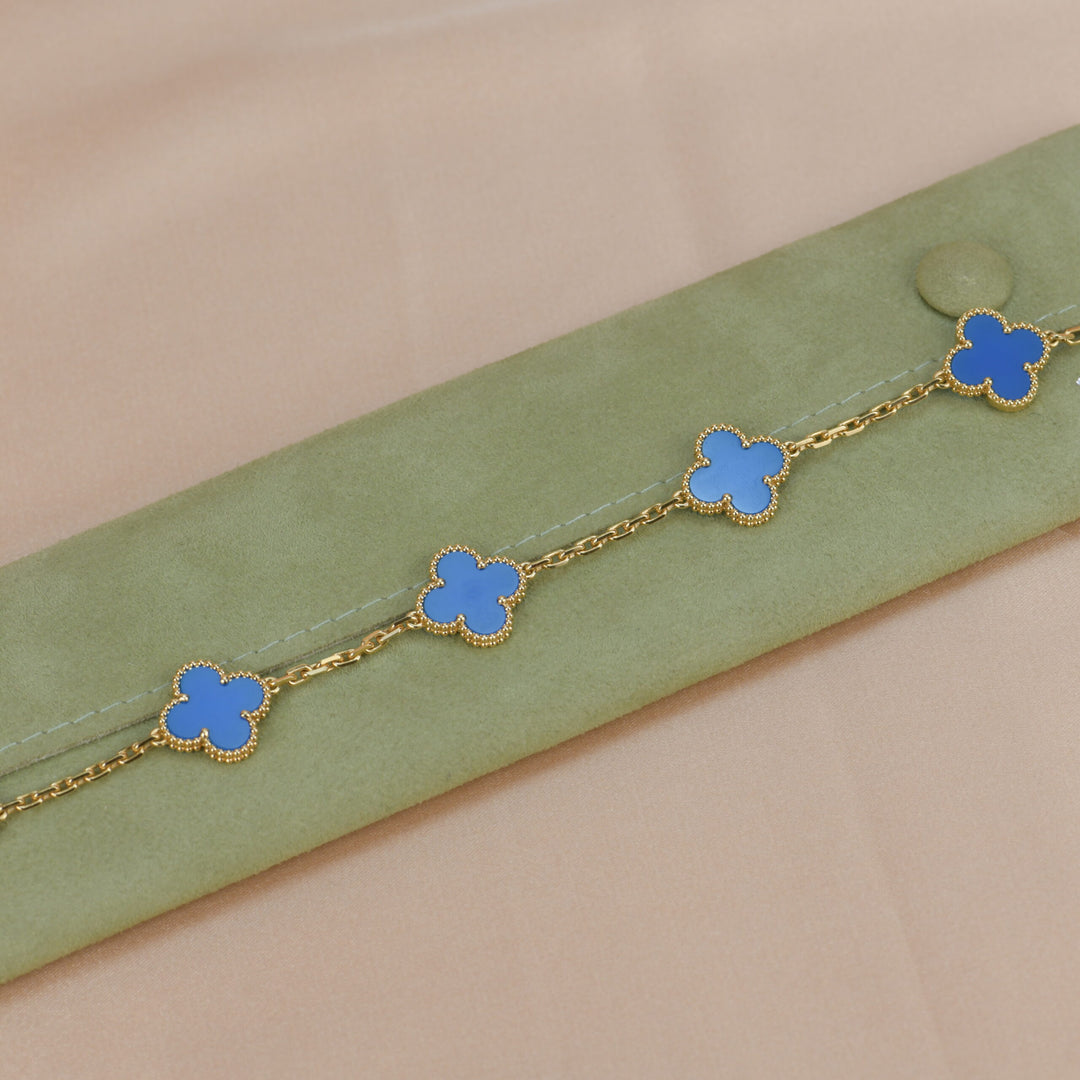 18k Gold, Lapis Lazuli, Mother-of-Pearl & Turquoise Alhambra Bracelet, Authentic & Vintage