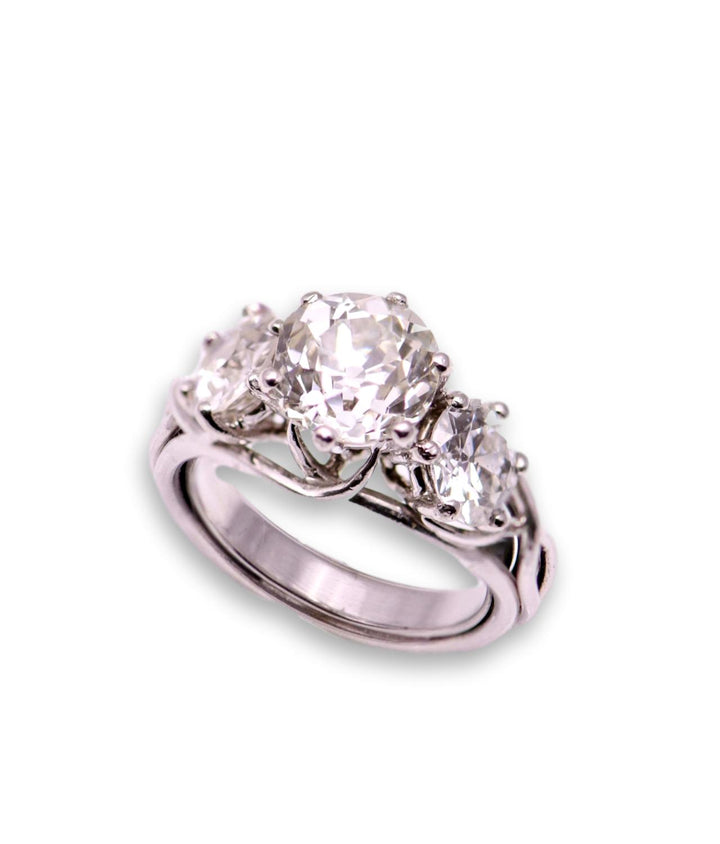 Three Stone Old Cut Diamond Platinum Ring - SOLD