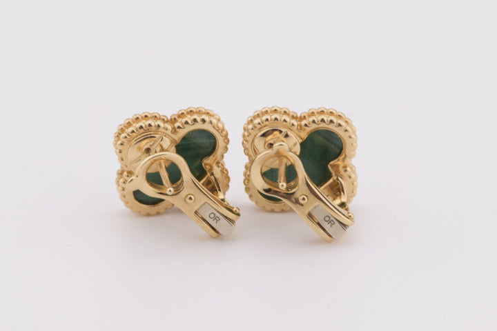 Van Cleef & Arpels Vintage Alhambra Malachite 18K Yellow Gold Earrings