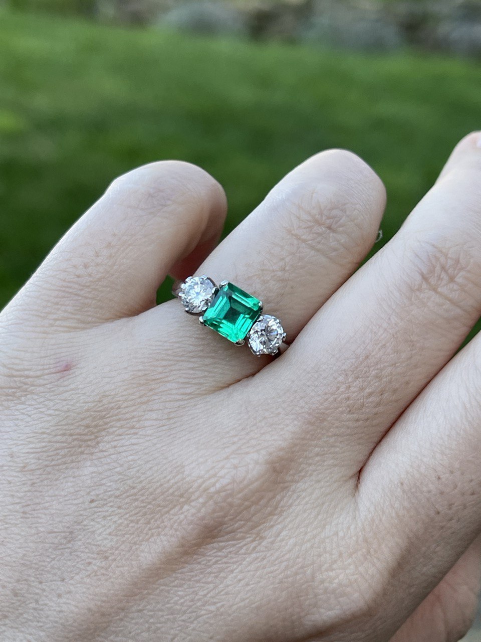 Stunning Columbia Emerald Diamond Platinum Three Stone Engagement Ring