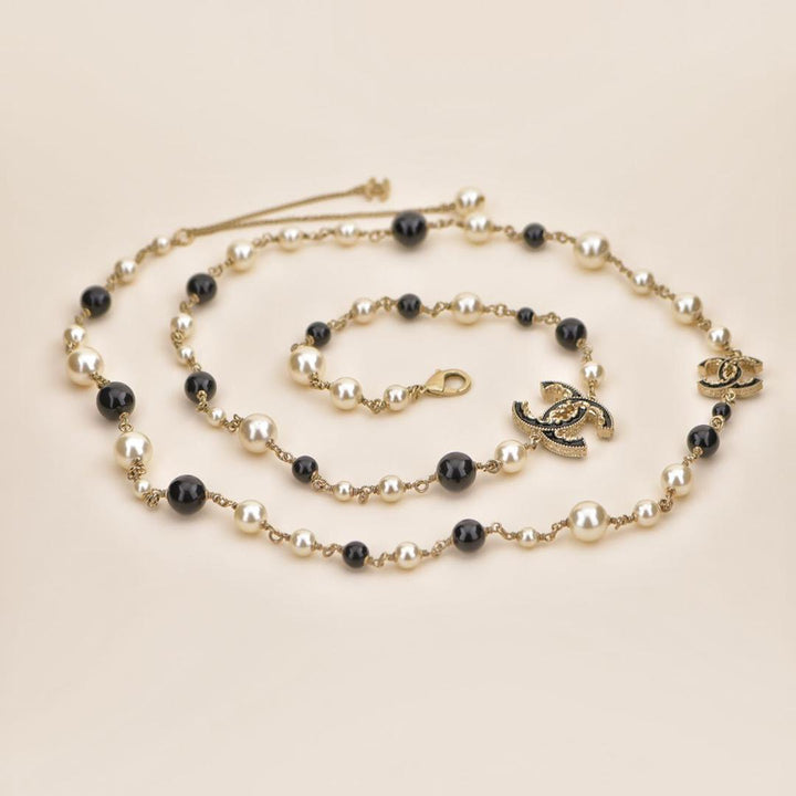 Chanel Pearl Enamel CC Long Necklace Black Gold