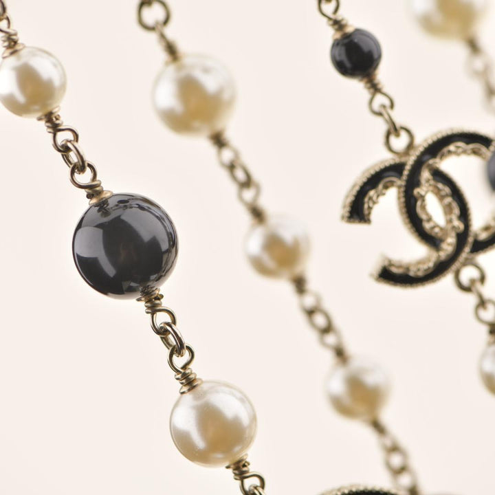 Chanel Pearl Enamel CC Long Necklace Black Gold