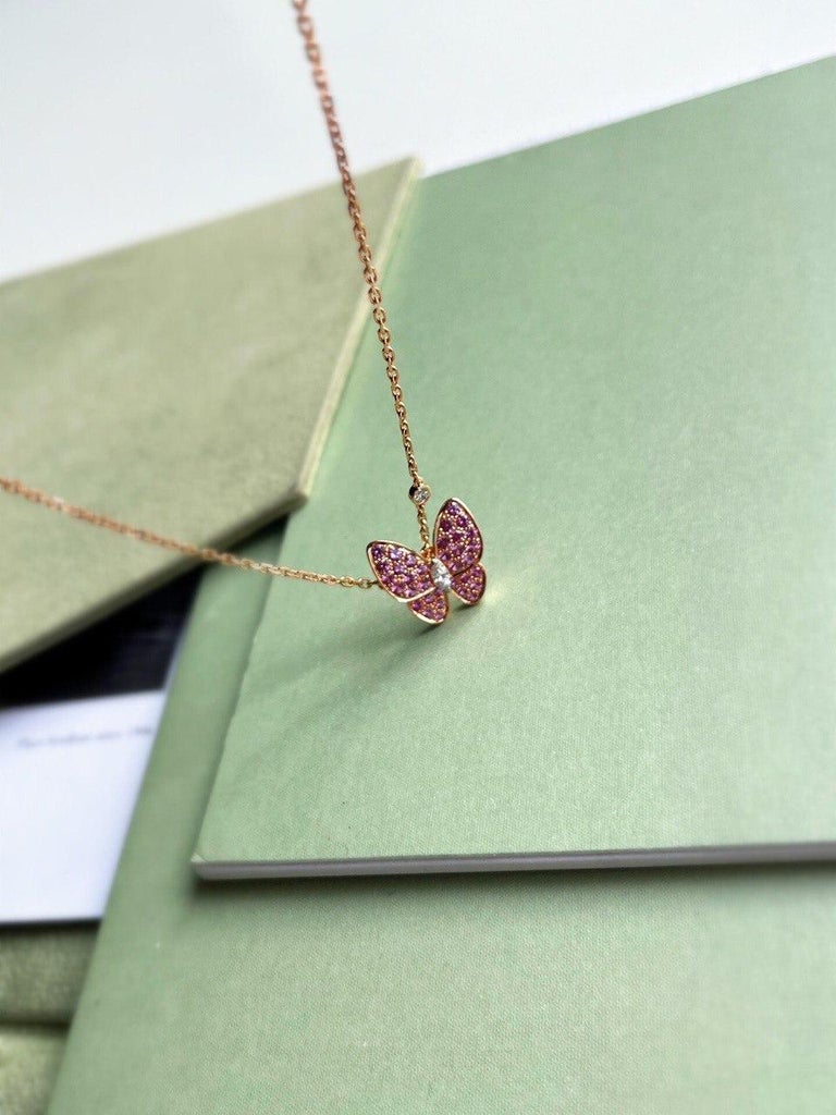 Van Cleef & Arpels 18K Rose Gold Pink Sapphire Butterfly Diamond Pendant