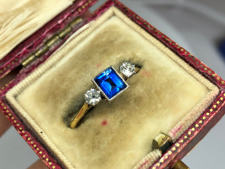 Edwardian Sapphire & Diamond Three Stone Antique Ring