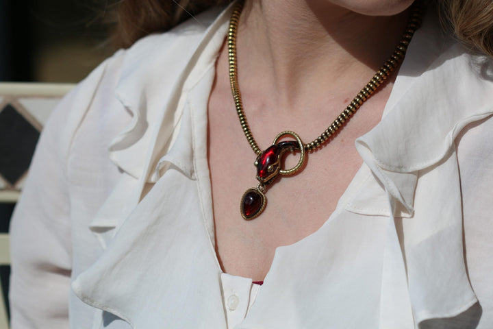 Victorian Garnet, 15 Karat Gold and Rose Cut Diamond Snake Necklace