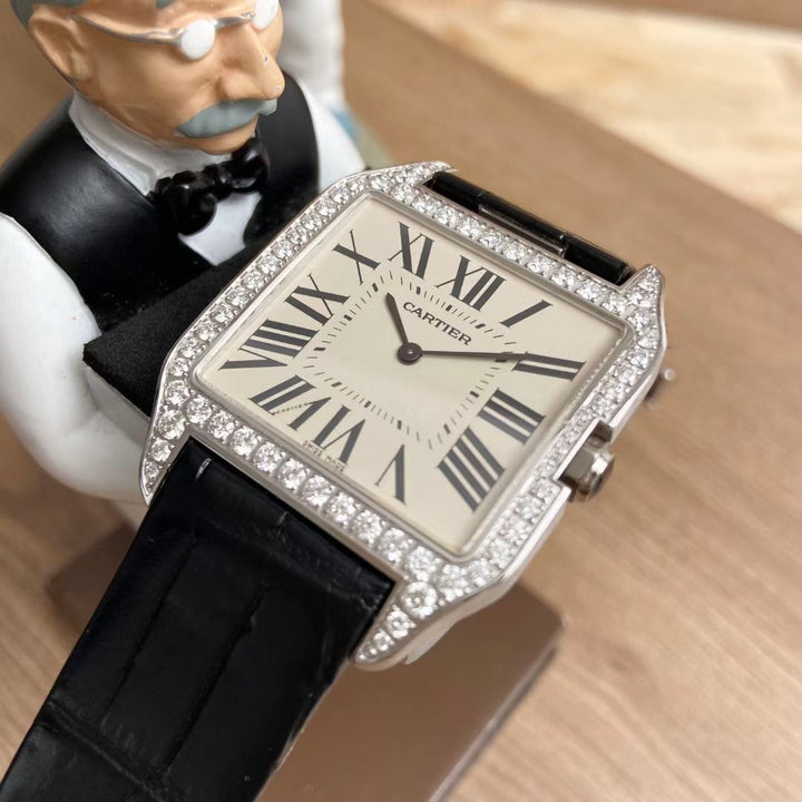 Cartier Santos Dumont 18k White Gold Diamond Silver Dial Mens Watch Ref:W2007051