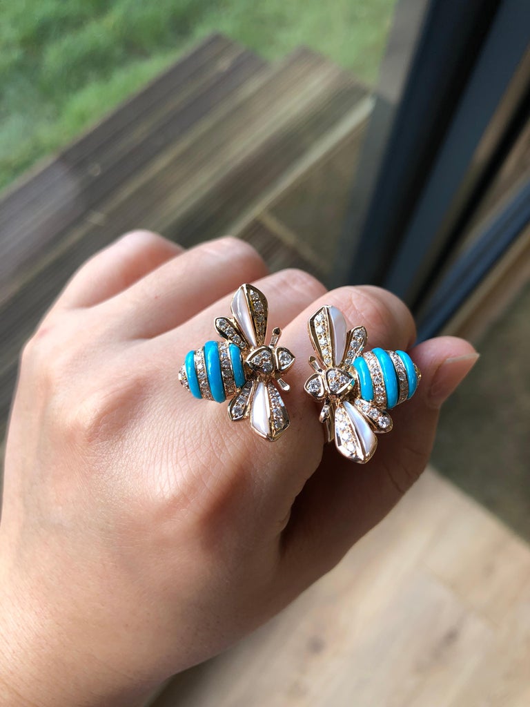 Turquoise Diamond 18 Karat Rose Gold Bee Ring