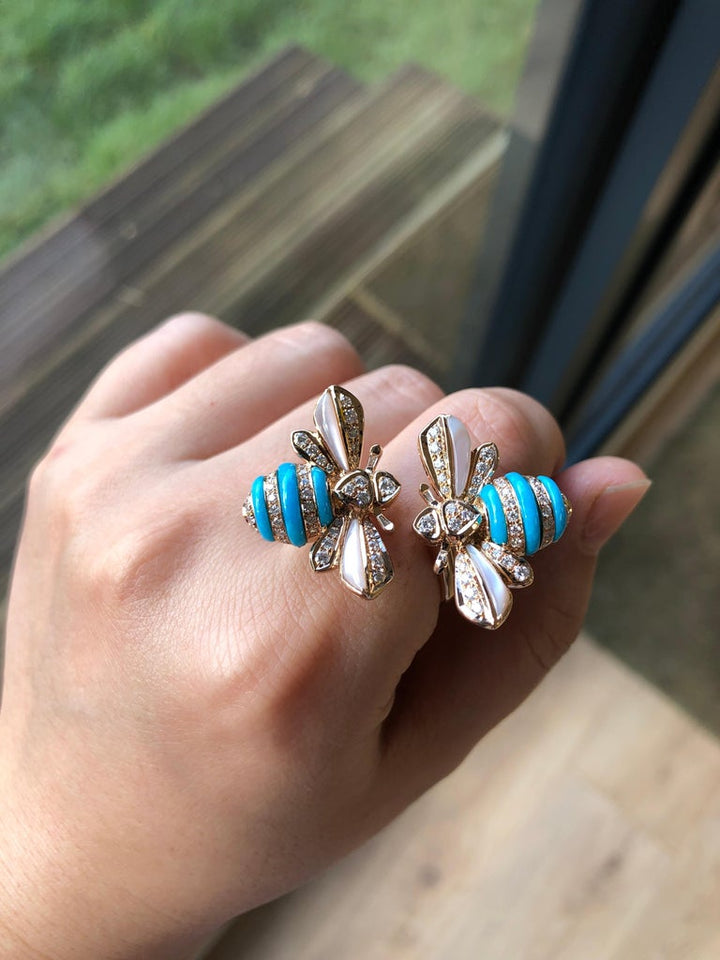 Turquoise Diamond 18 Karat Rose Gold Bee Ring