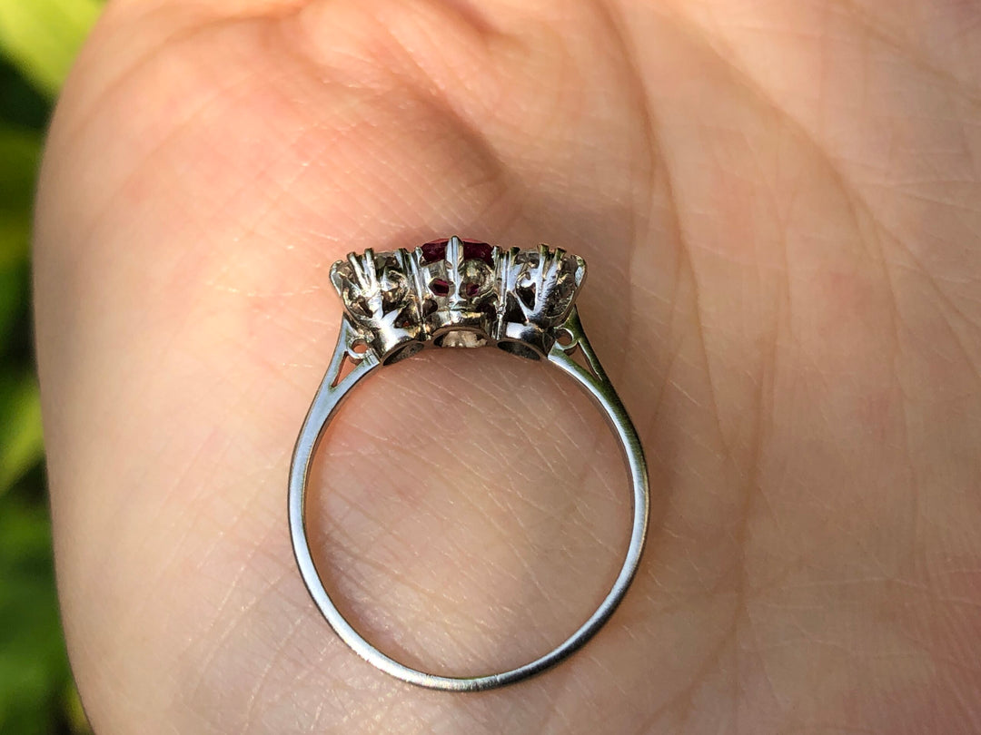 Edwardian Antique Ruby Diamond Three Stone Ring