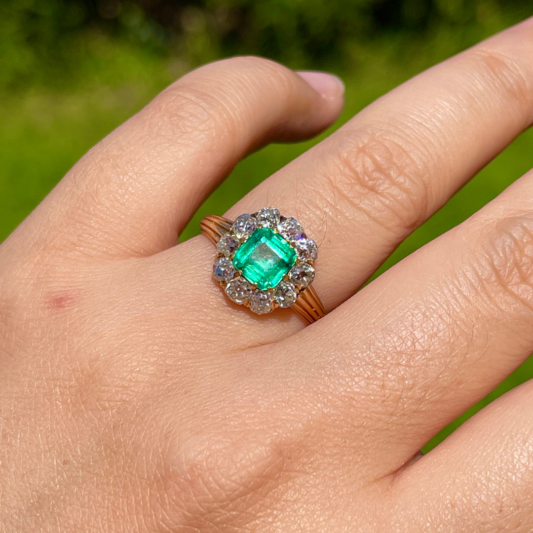 Victorian Antique Emerald Diamond Cluster Engagement Ring