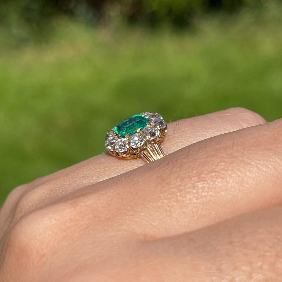 Victorian Antique Emerald Diamond Cluster Engagement Ring