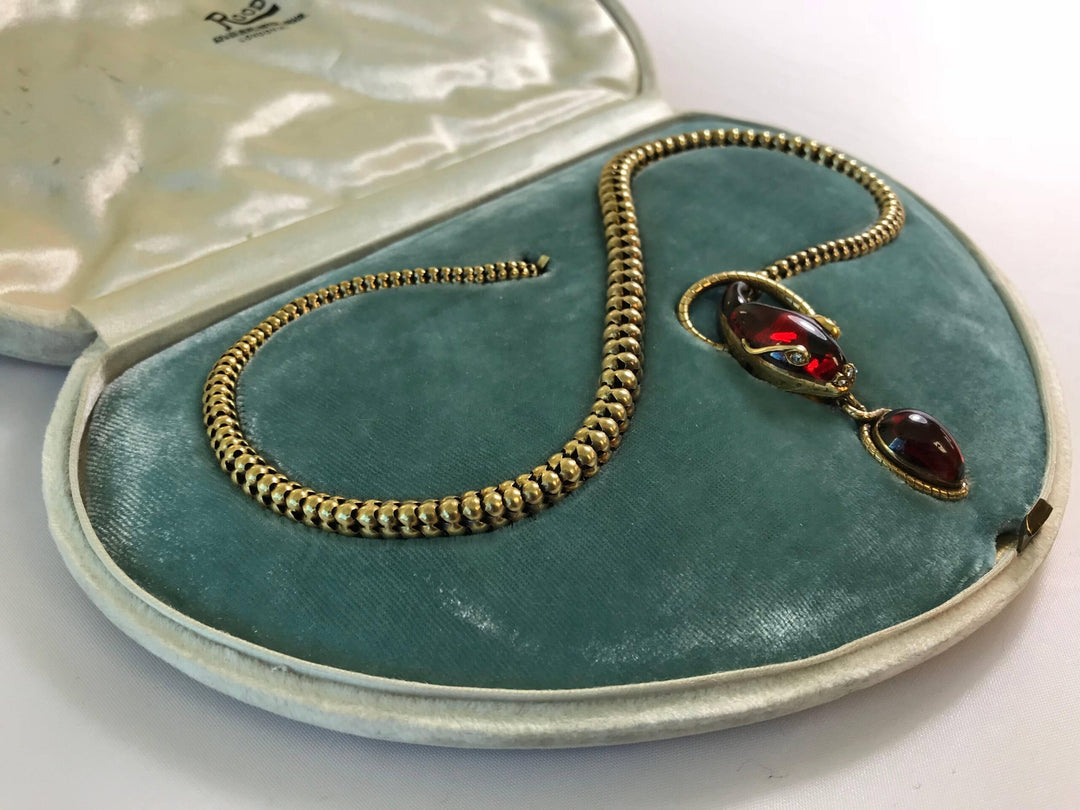 Victorian Garnet, 15 Karat Gold and Rose Cut Diamond Snake Necklace