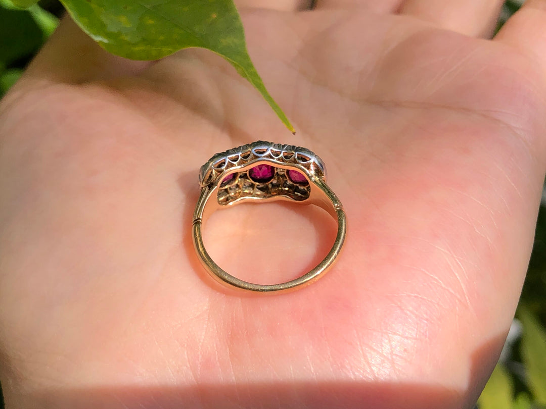 Victorian Three Stone Ruby Diamond Antique Ring