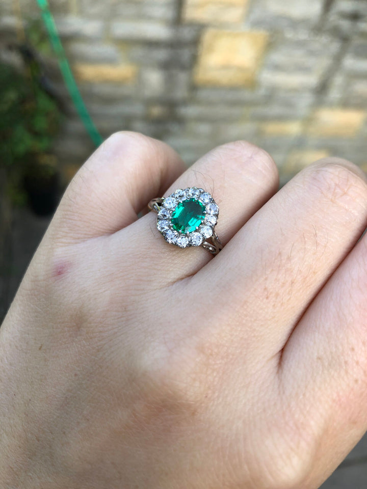 Victorian Colombian Emerald Diamond Cluster Antique Ring-SOLD