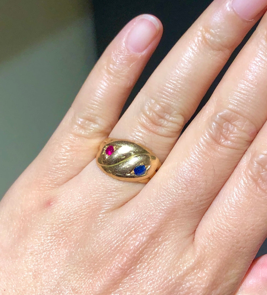 Victorian Antique 22 Karat Sapphire Ruby Double Snake Ring