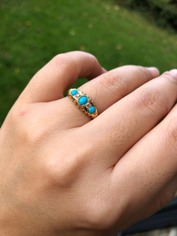 Edwardian Turquoise Diamond Five Stone Antique Gold Ring