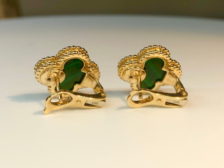 Van Cleef & Arpels Vintage Alhambra Malachite 18K Yellow Gold Earrings - SOLD