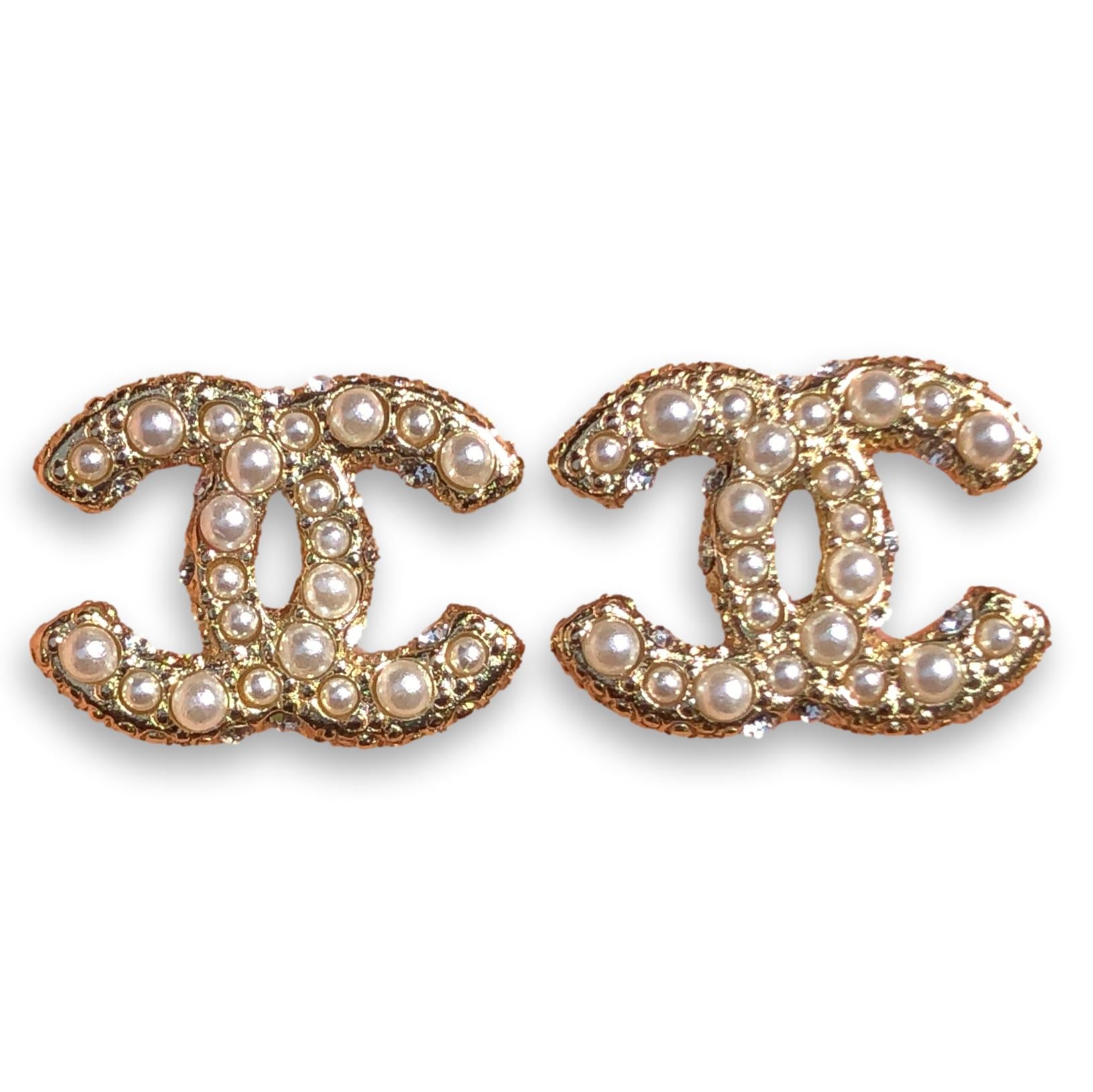 Chanel CC Vintage Textured Faux Pearl Gold Plated Clip-on Stud Earrings