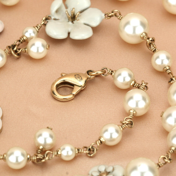 Chanel CC Logo Pearl & Enamel Flower Long Pearl Necklace in Gilt Gold