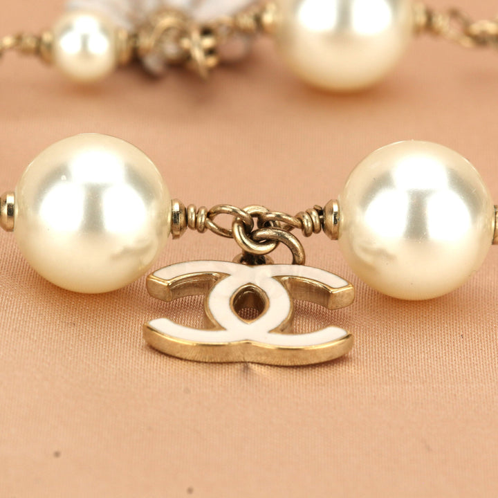 Chanel CC Logo Pearl & Enamel Flower Long Pearl Necklace in Gilt Gold