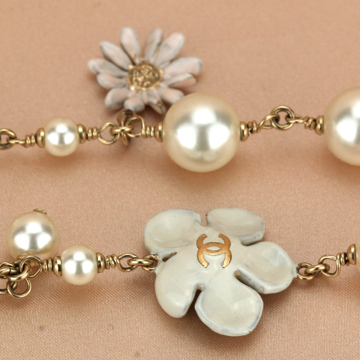 Chanel CC Logo Pearl & Enamel Flower Long Pearl Necklace in Gilt Gold