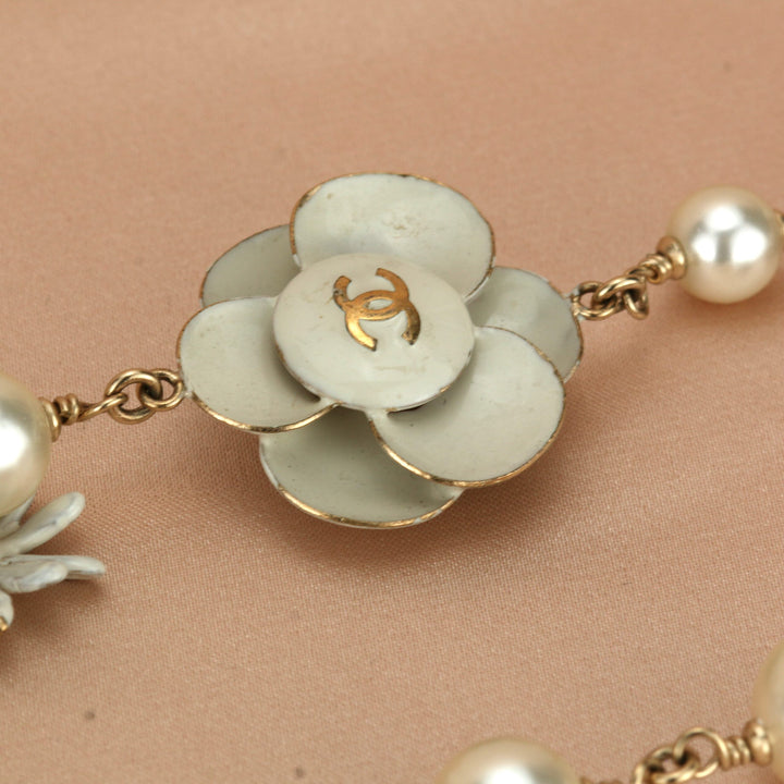 Chanel CC Logo Pearl & Enamel Flower Long Pearl Necklace in Gilt Gold