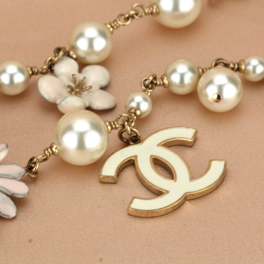 Chanel CC Logo Pearl & Enamel Flower Long Pearl Necklace in Gilt Gold
