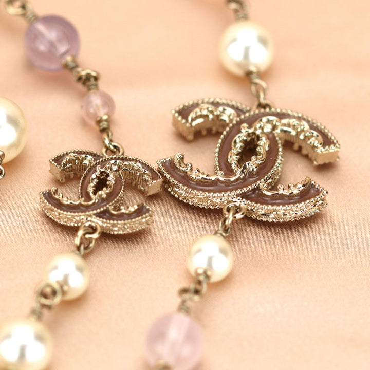 Chanel CC Logo Pearl & Crystal Long Pearl Necklace in Gilt Gold