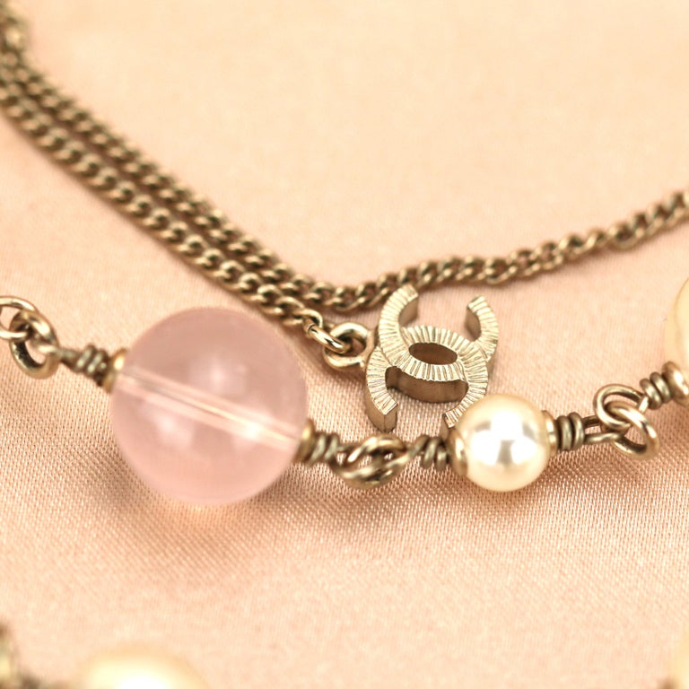 Chanel CC Logo Pearl & Crystal Long Pearl Necklace in Gilt Gold