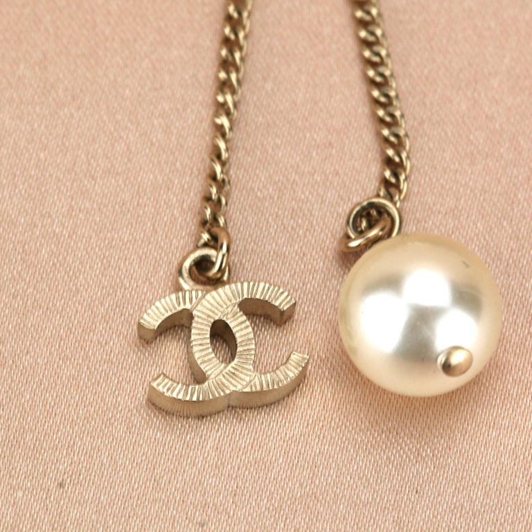 Chanel CC Logo Pearl & Crystal Long Pearl Necklace in Gilt Gold