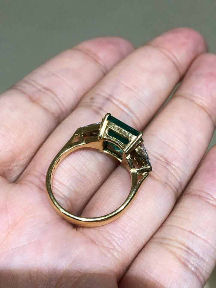 Stunning Emerald Diamond 18K Yellow Gold Three Stone Engagement Ring