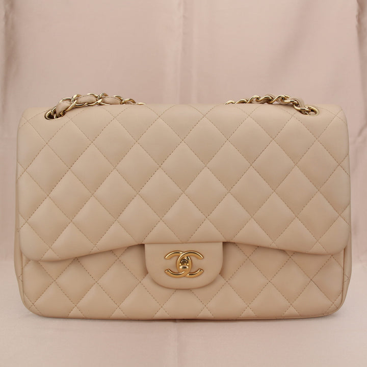 Chanel Beige Quilted Caviar Leather Jumbo Classic Double Flap Bag