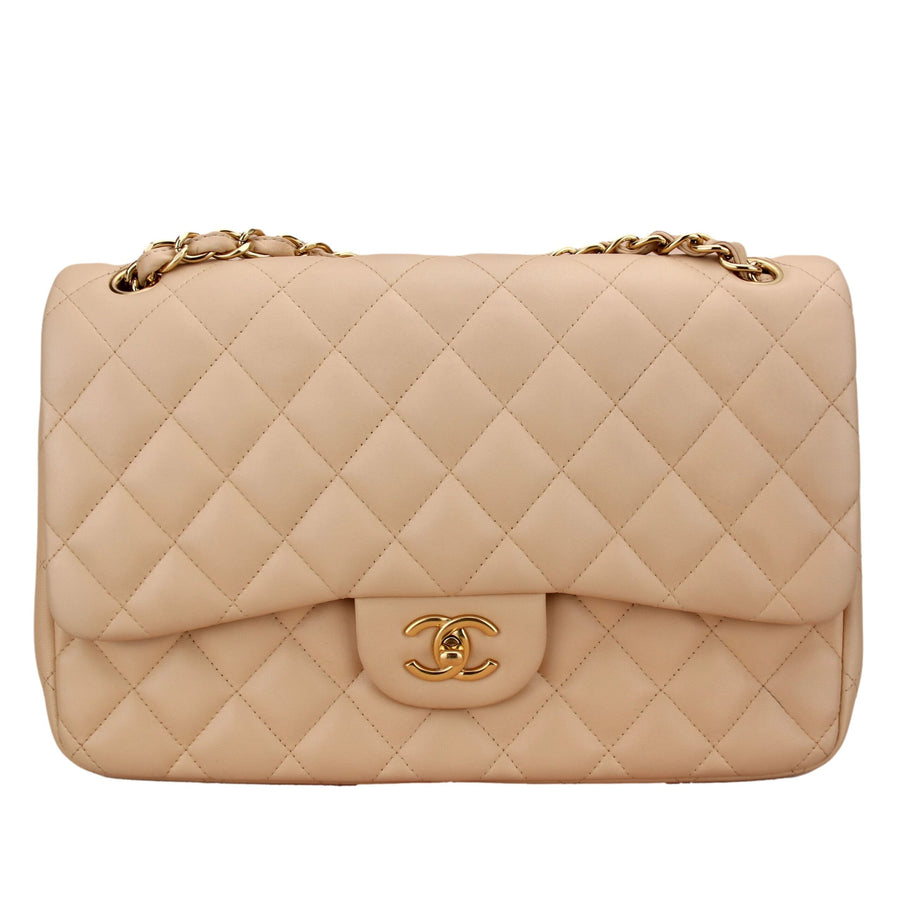 Chanel Beige Quilted Caviar Leather Jumbo Classic Double Flap Bag