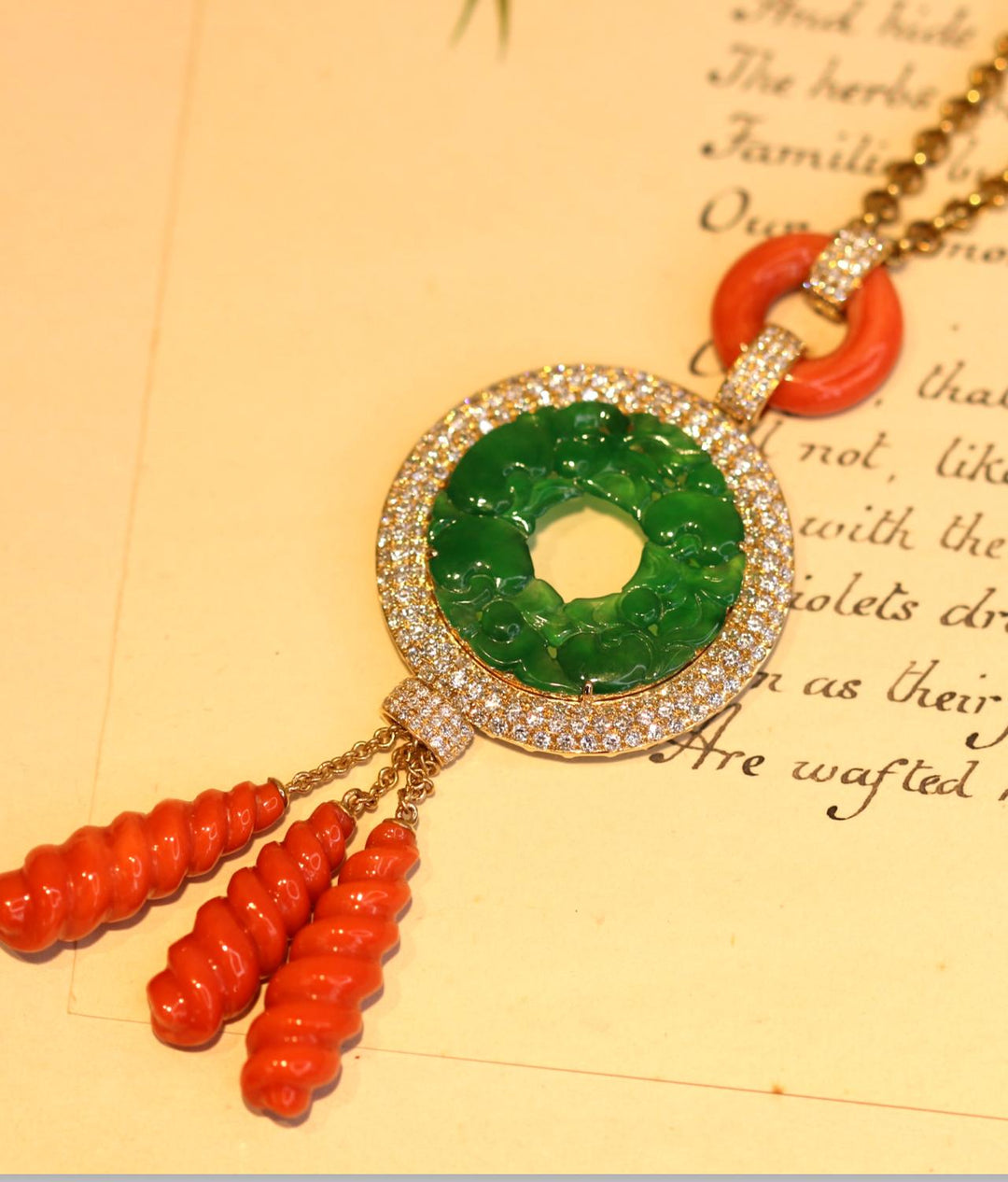 Natural No Treatment A Jadeite Coral Gold Diamond Pendant Necklace - SOLD