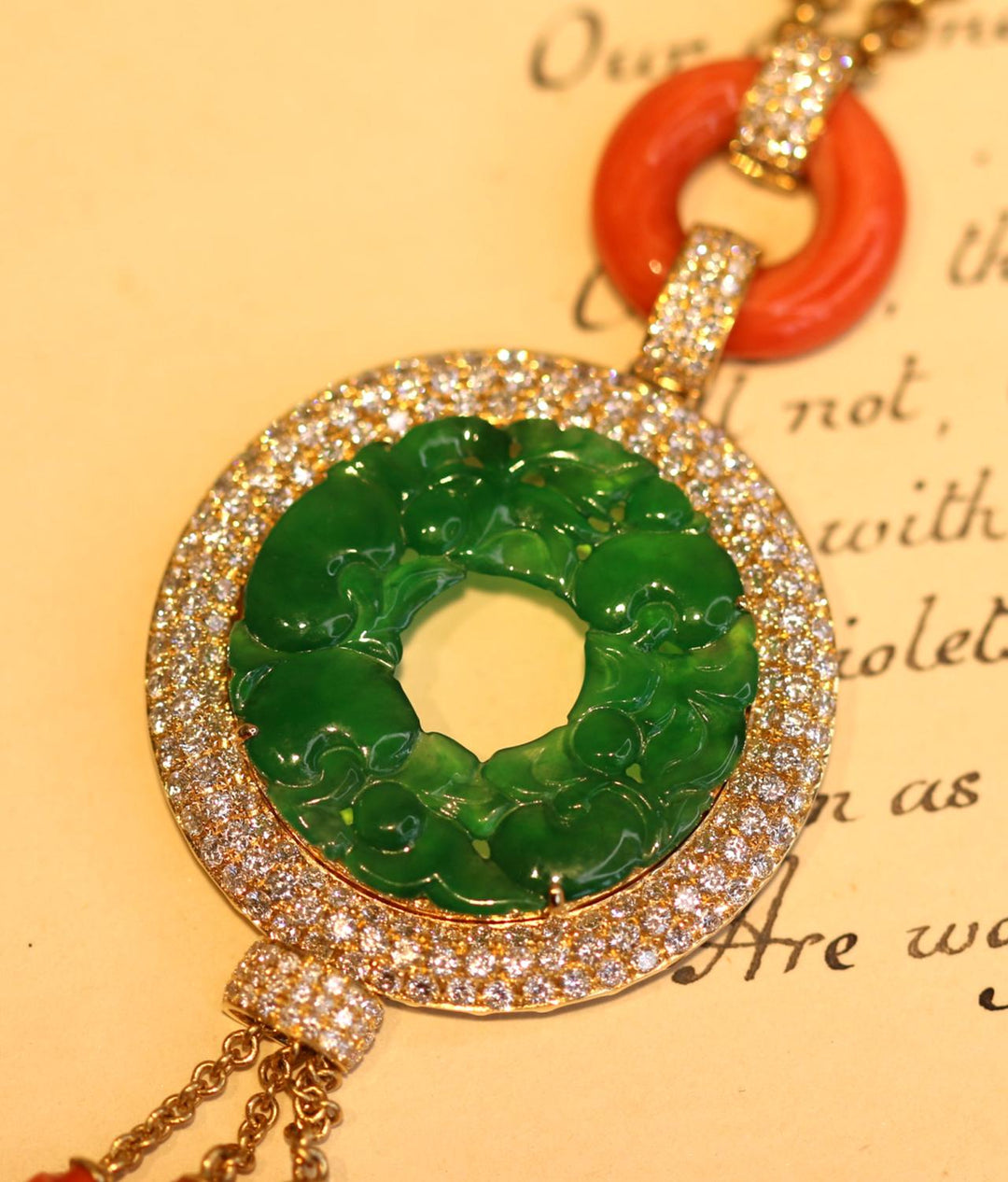 Natural No Treatment A Jadeite Coral Gold Diamond Pendant Necklace - SOLD