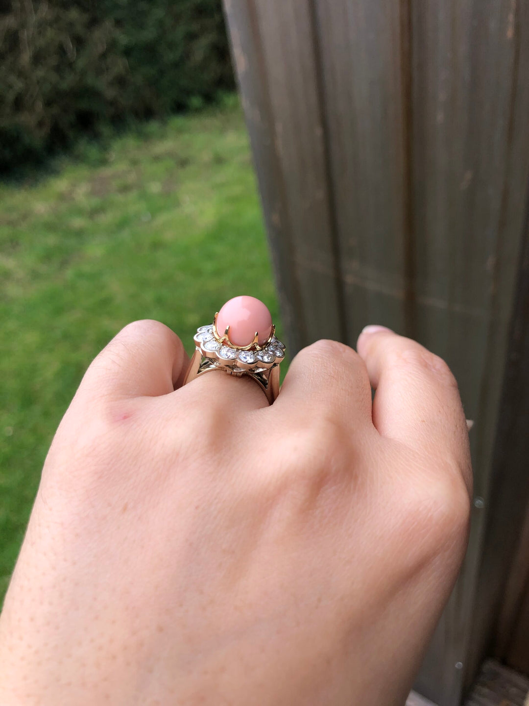 18K Yellow Gold Conch Pearl and Diamond Cluster Ring