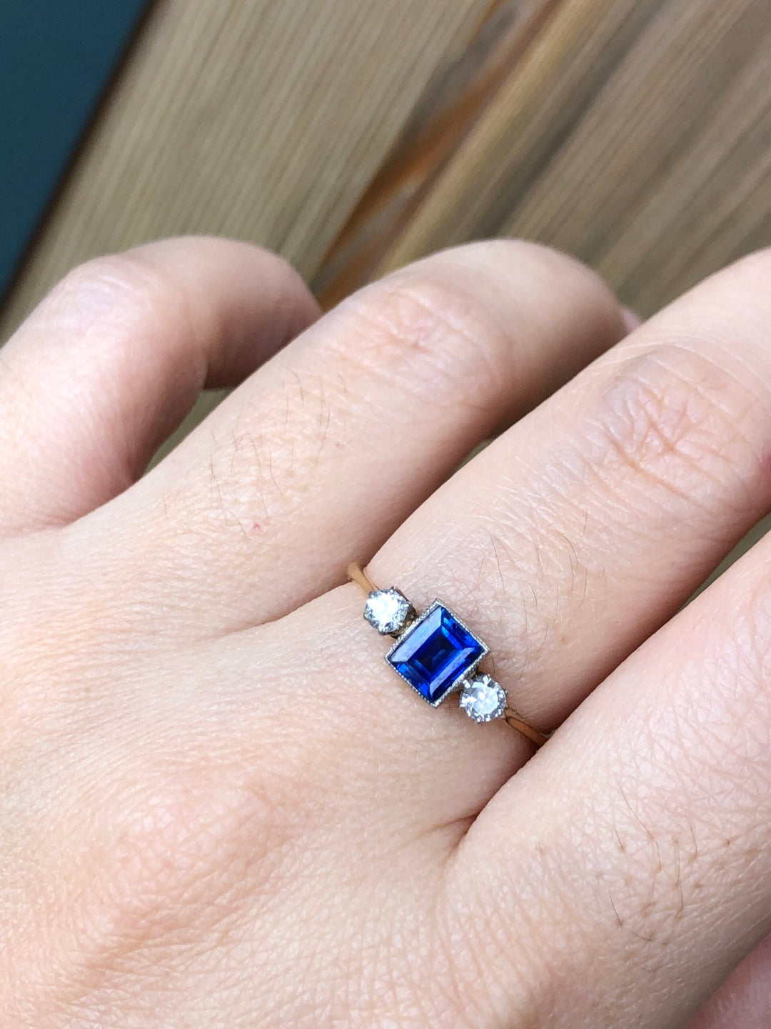 Edwardian Sapphire & Diamond Three Stone Antique Ring