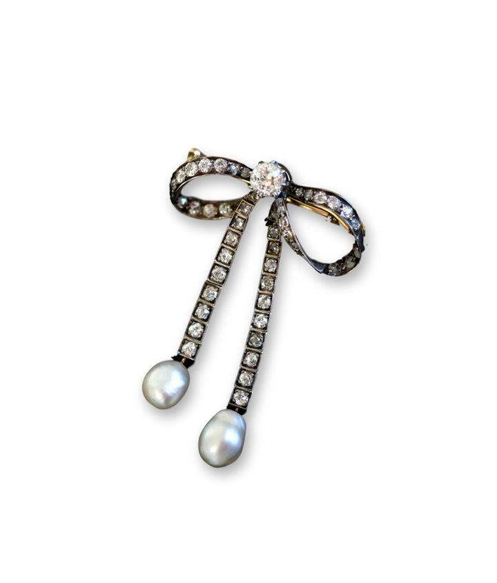 Edwardian Old Cut Diamond Natural Pearl Bow Brooch - SOLD