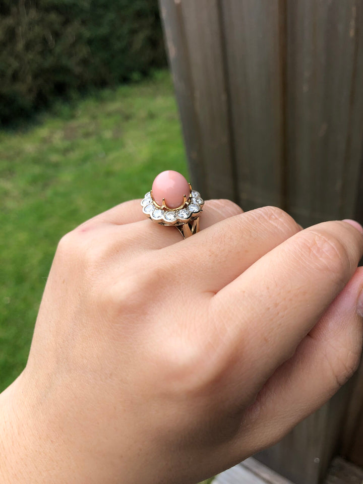 18K Yellow Gold Conch Pearl and Diamond Cluster Ring