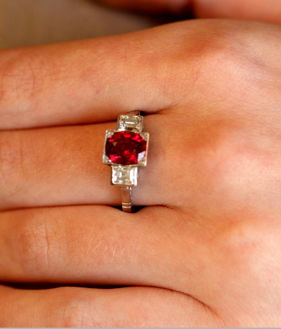 Garrards & Co Art Deco Ruby and Diamond Three-Stone Platinum and Gold Ring