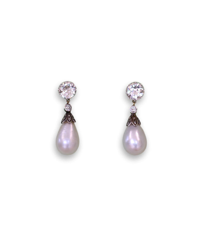 Edwardian Natural Pearl Diamond Platinum Drop Earrings