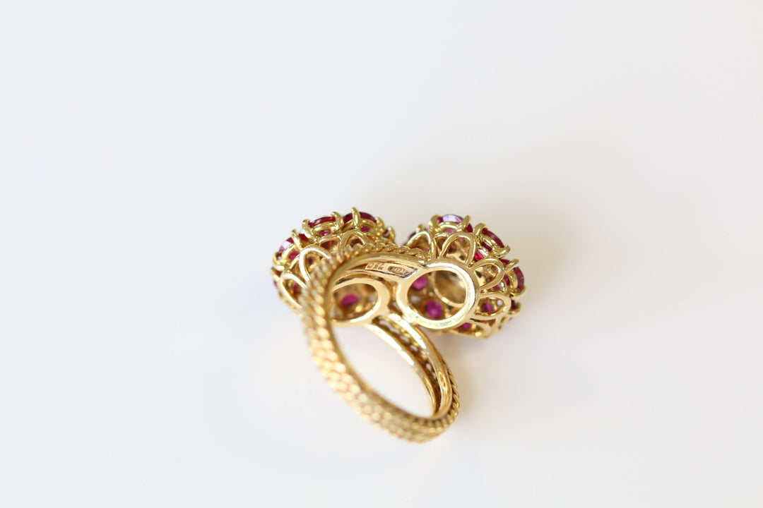 1950s-1960s Italian Burma No Heat Rubies and Diamond Flower Crossover Gold Ring