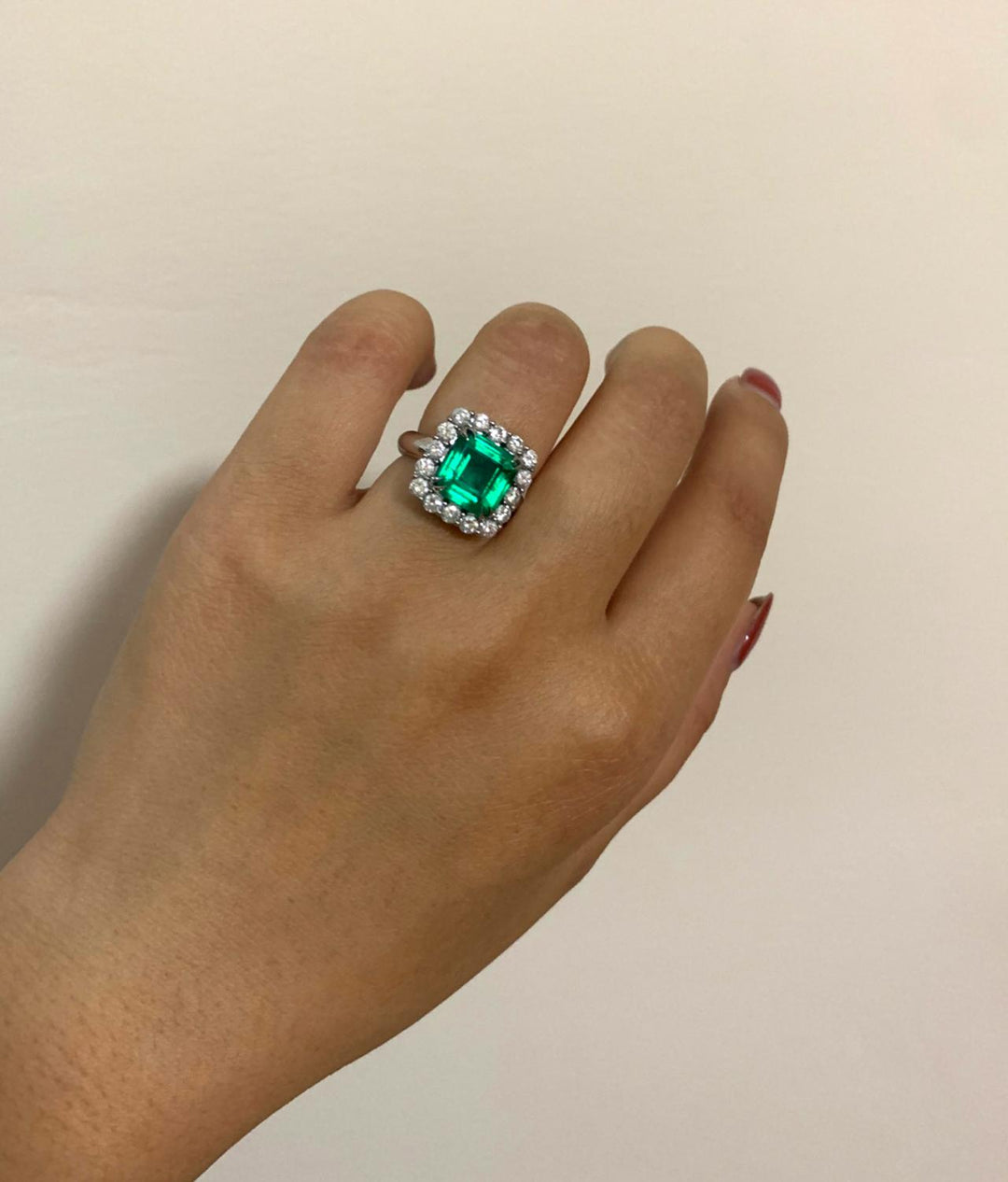 Colombian Minor Oil Emerald Diamond Platinum Cluster Ring - SOLD