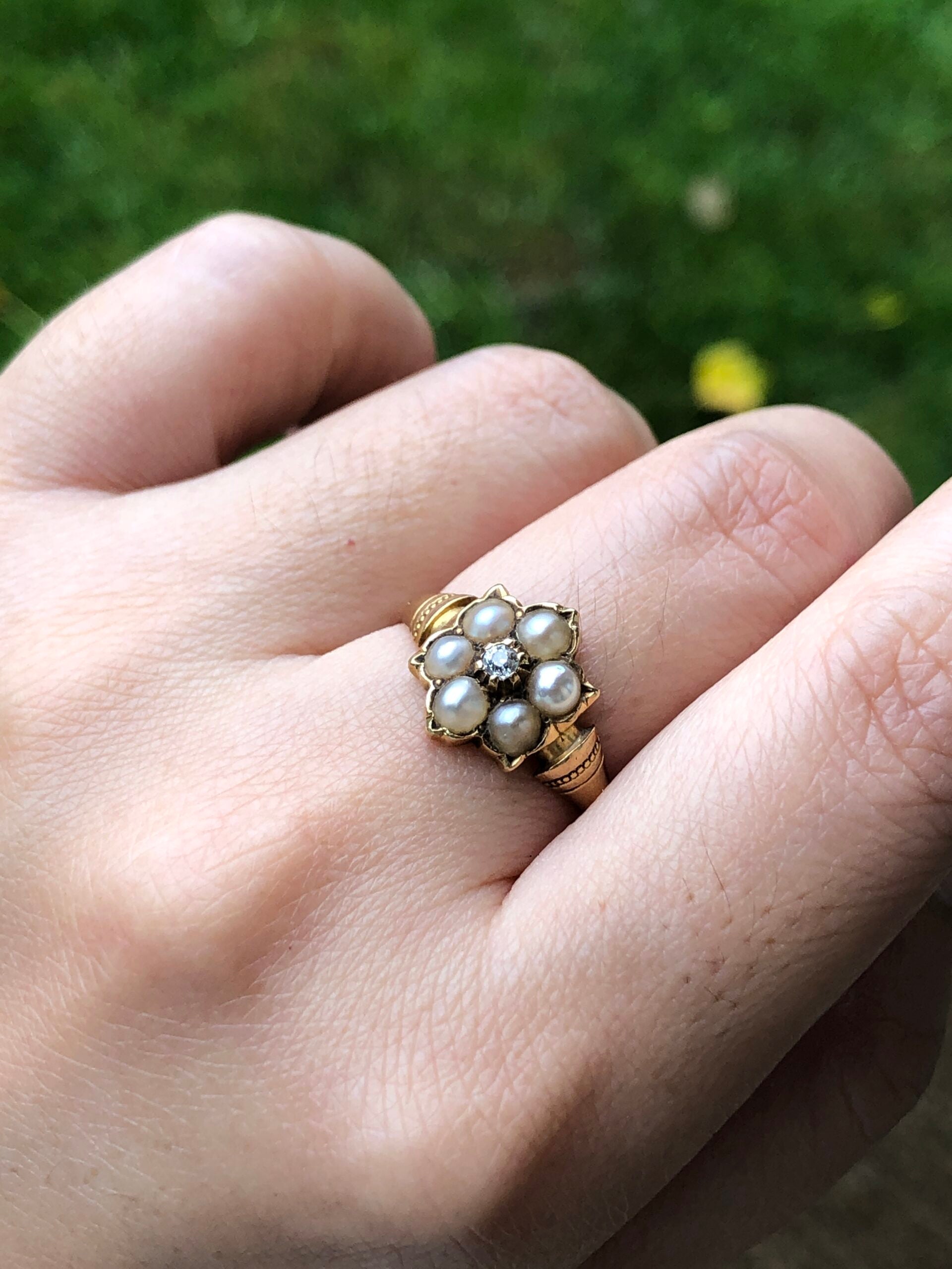 French Seed Pearl Diamond and Yellow Gold Cluster Ring For Sale at 1stDibs