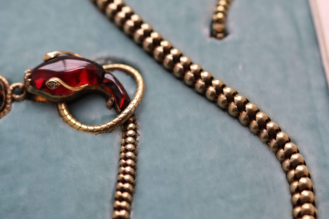 Victorian Garnet, 15 Karat Gold and Rose Cut Diamond Snake Necklace